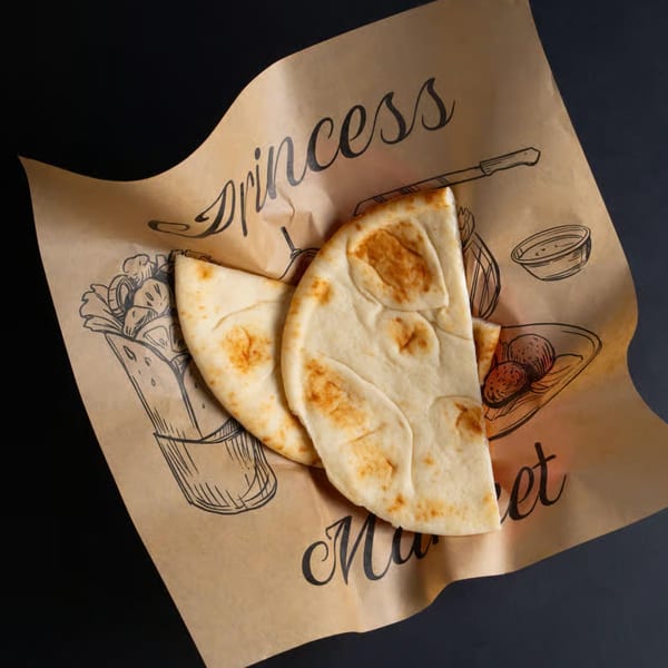 Two pieces of pita bread on brown paper with black line drawings of food items.