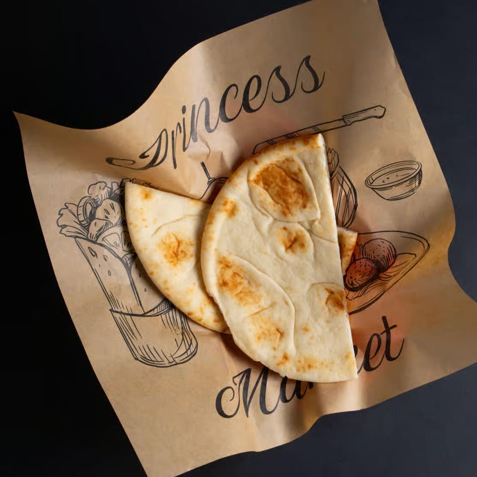 Two pieces of pita bread on brown paper with black line drawings of food items.